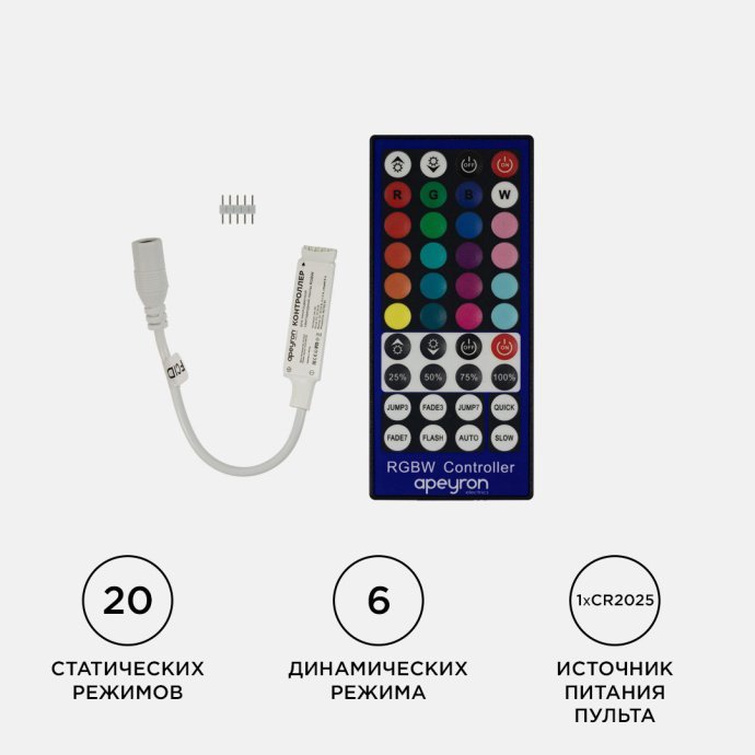 Детальное фото контроллера RGBW 04-40 Apeyron Electrics: клеммы, индикатор, радио пульт 40 кнопок, накладной монтаж, размер 40х12х7мм