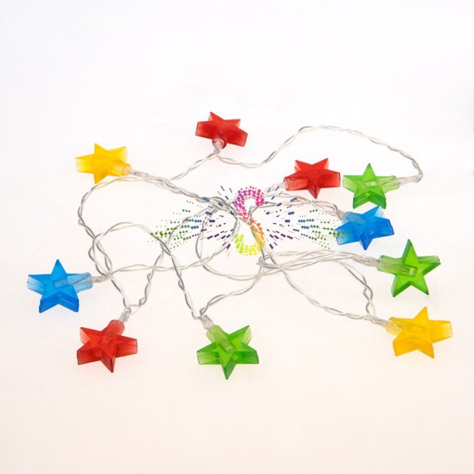 Детальное фото гирлянды Neon-Night Звездочки: матовые разноцветные звездочки, прозрачный ПВХ провод длиной 1,5 м, батарейный блок для 2х АА.