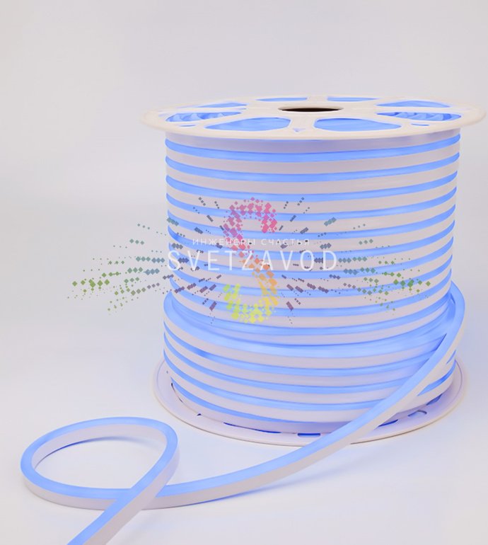 Детальное фото светодиодного гибкого неона Neon-Night: синяя светящаяся лента, матовая прямоугольная оплетка 8х16 мм, видна плотная установка SMD2835 диодов.