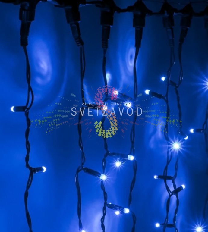 Детальное фото светодиодного дождя SPL-518: черный ПВХ провод, 20 нитей по 1.5 м с синими светодиодами, эффект мерцания, степень защиты IP65.