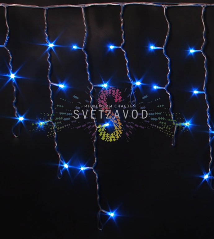 Детальное фото светодиодной бахромы Айсикл Rich Led: синие светодиоды на прозрачных проводах разной длины, подключенные к горизонтальной шине 3 метра. Детальное фото светодиодной бахромы Айсикл Rich Led: синие светодиоды на прозрачных проводах разной длины, подключенные к горизонтальной шине 3 метра.