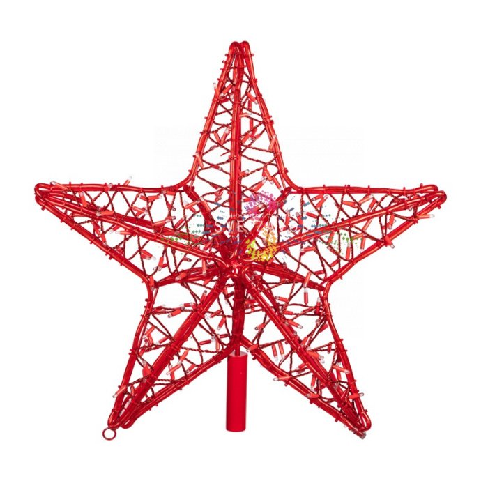 Детальное фото светодиодной звезды 80 см красного свечения с видимыми светодиодами, металлическим каркасом, трубой для установки на елку и кольцом для подвеса.