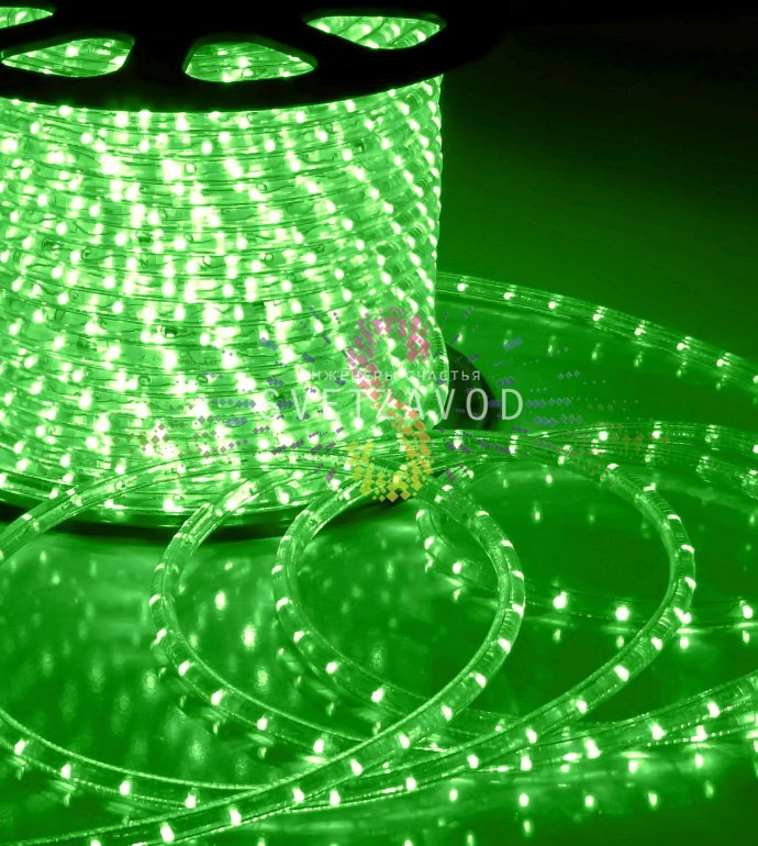 Дюралайт круглый, Ø 13мм, зеленый, 10м, 220В, 2W, 36 led/м, мерцающий