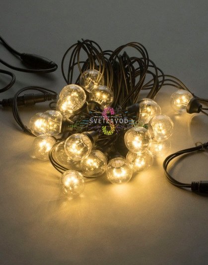 Гирлянда с лампами, теплая белая, 10 метров, 20 ламп, черный провод 
