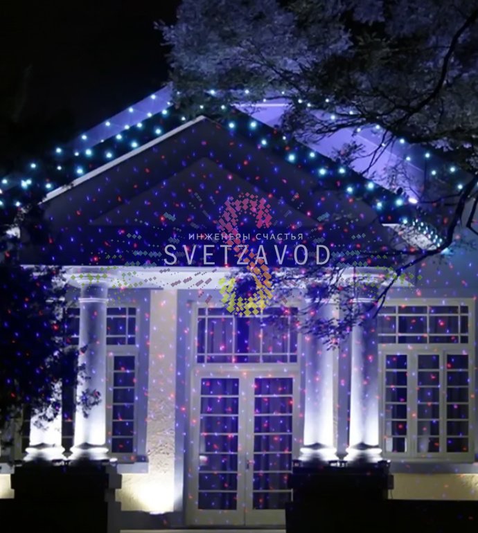 Лазерная подсветка Garden X-33 Premium на грунтовом основании, проекция лазеров на фасад здания, комплектация: пульт ДУ, блок питания, Bluetooth-колонка