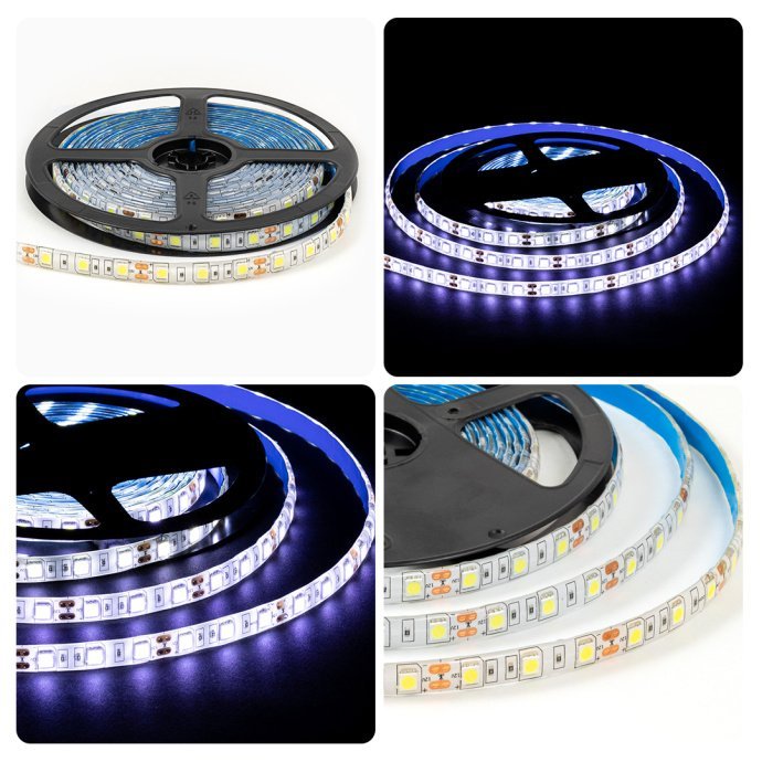 Детальное фото LED ленты 12В 14.4Вт холодный белый 6500K SMD5050 IP65 10м на белой PCB