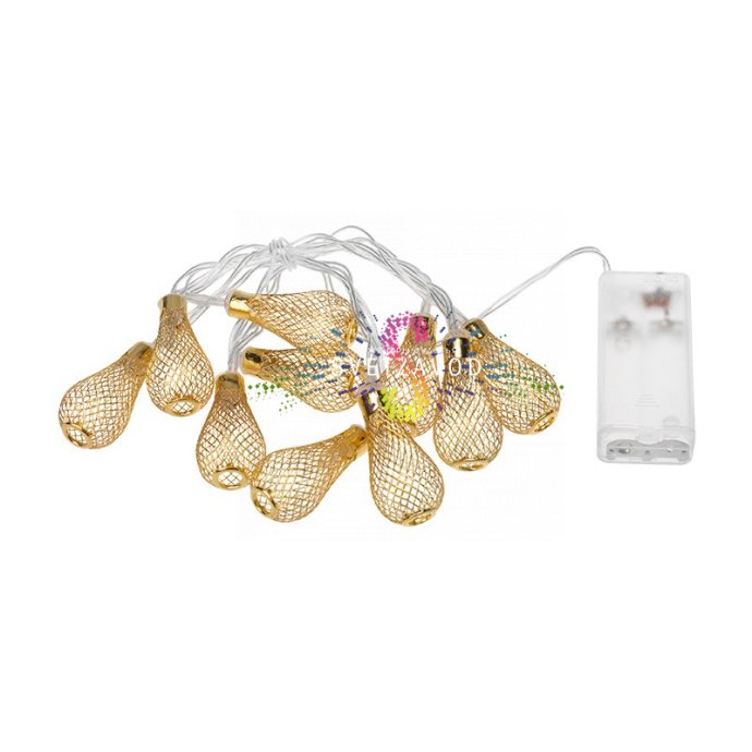 Детальное фото гирлянды Восточные фонарики Neon-Night: 10 ажурных золотистых фонариков на гибком прозрачном проводе длиной 1.5 метра с батарейным блоком.