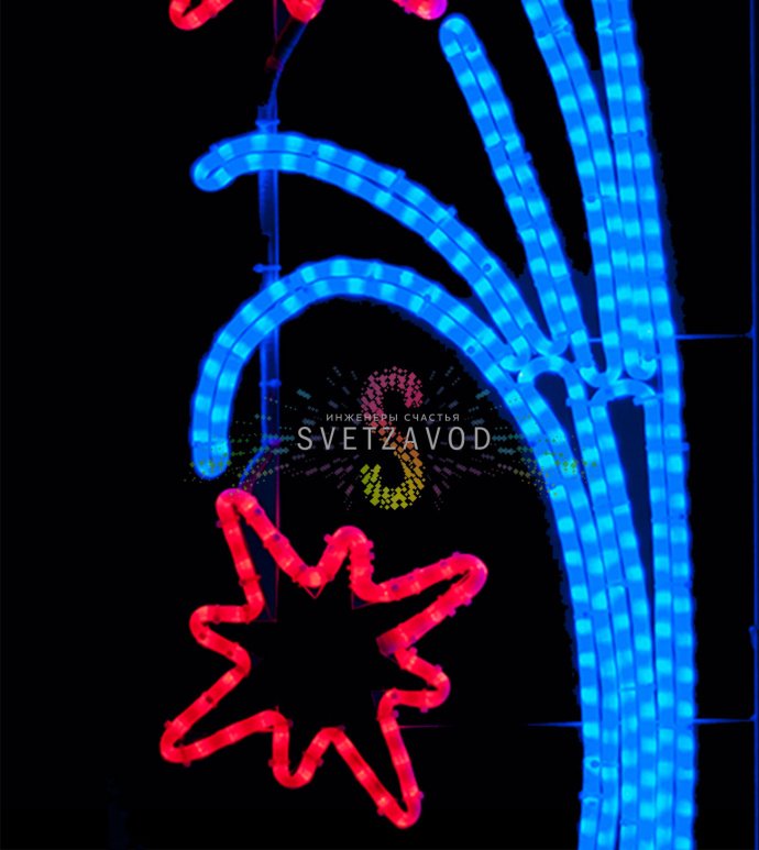 Детальное фото светодиодной консоли «Букет красных звезд»: металлический каркас со стальным профилем, 468 светодиодов красного и синего свечения, размеры 150х50 см.