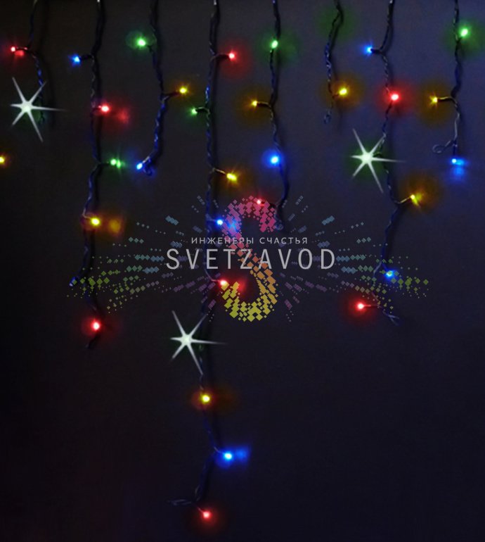 Детальное фото светодиодной бахромы Айсикл Rich Led: горизонтальная шина 3 метра, нити 20/30/40/90 см, черный ПВХ провод, светодиоды с мерцающим эффектом.