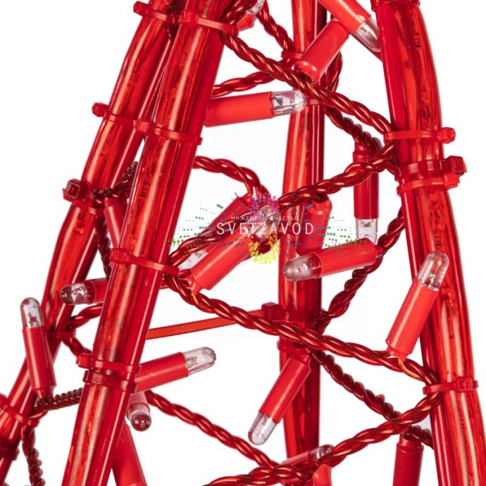 Детальное фото светодиодной звезды 80 см красного свечения с видимыми светодиодами, металлическим каркасом, трубой для установки на елку и кольцом для подвеса.