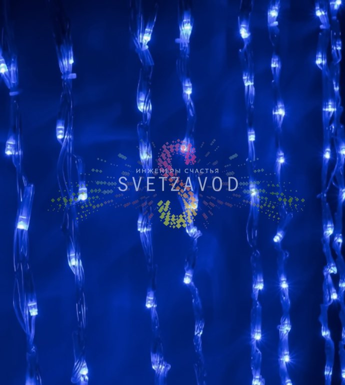 Детальное фото светодиодного дождя SPL-907: синие светодиоды на прозрачных проводах, контроллер, размер 2.4 на 3.6 метра.