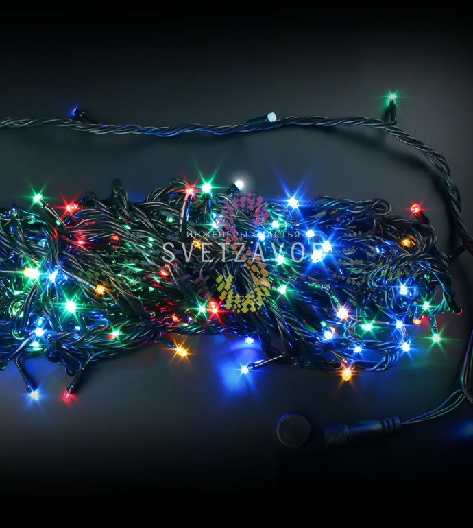 Детальное фото гирлянды-нити Твинкл Лайт Rich Led: черный ПВХ провод, разноцветные светодиоды, расстояние между диодами 10 см.