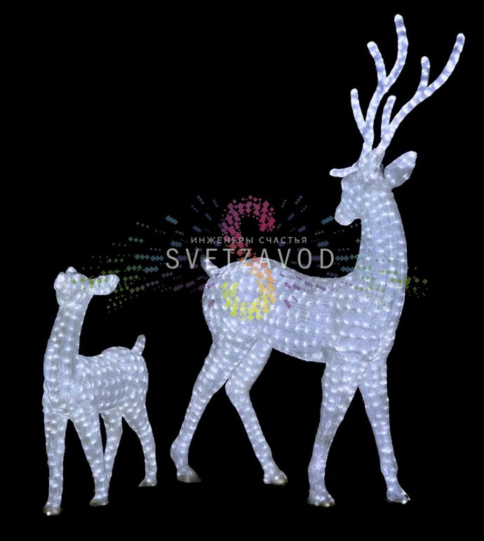 Детальное фото световой акриловой фигуры 3D «Благородный олень» в белом цвете, показывающее конструкцию, светодиоды и качество изготовления для уличного использования.
