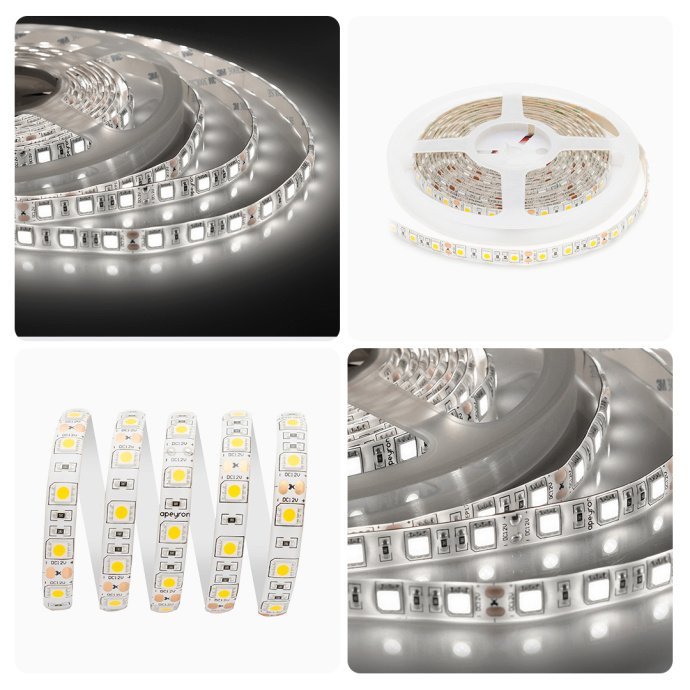 Светодиодная лента 12В SMD5050 60LED/м IP65 дневной белый 700Лм/м, двухслойная белая основа, 5 метров, общий вид с контактами