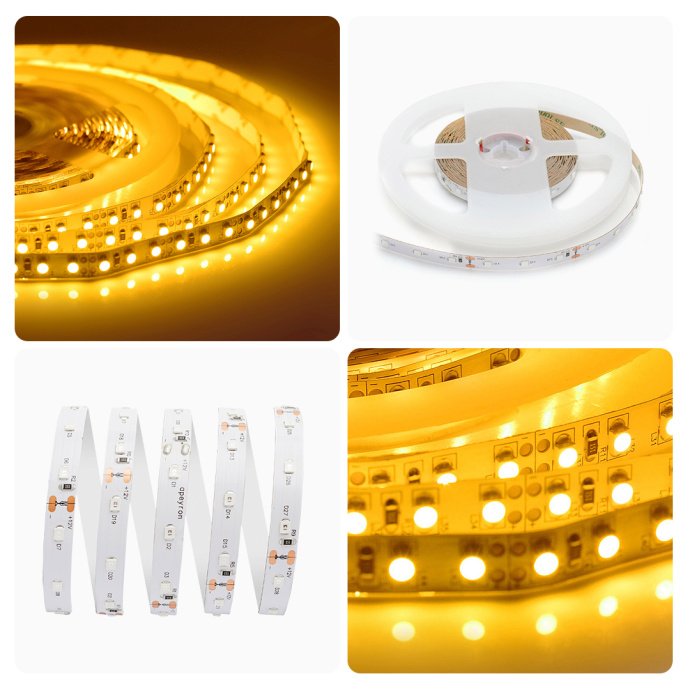 Детальное фото светодиодной ленты SMD3528 60LED/м 5м с желтым свечением, двухслойная белая основа, ширина 8мм, IP20