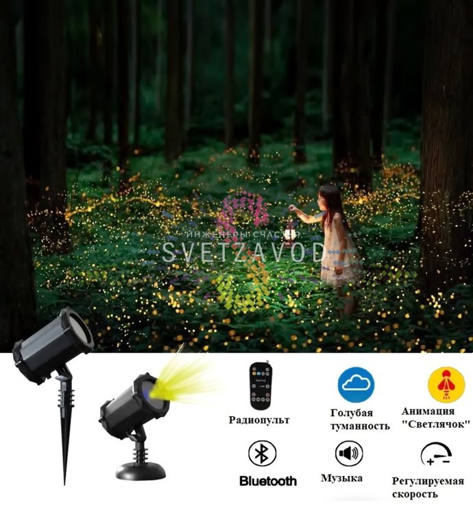 Детальное фото лазерной подсветки Garden X-55: черный корпус из АБС-пластика, элементы управления, разъемы, основание для установки в грунт и встроенная bluetooth-колонка.