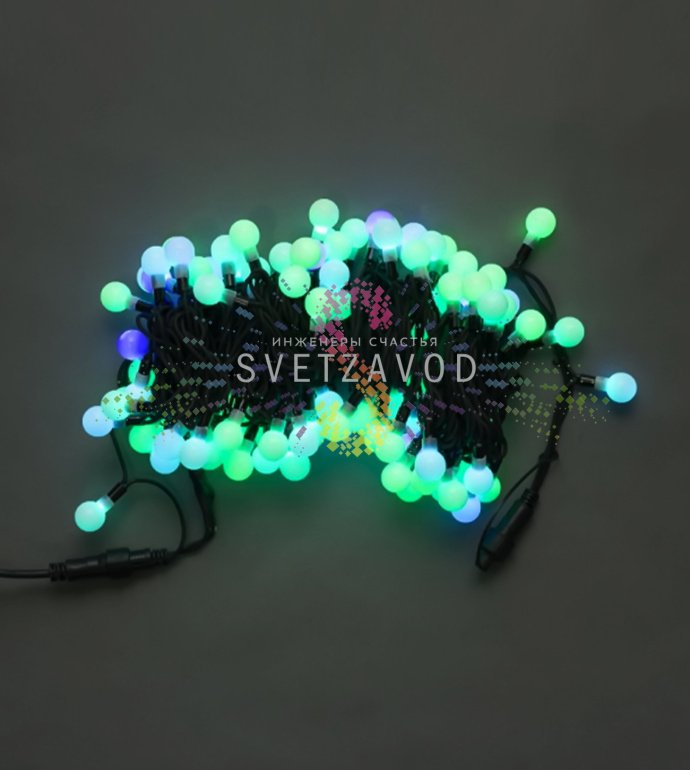 Детальное фото гирлянды Шарики SML-256: черный каучуковый шнур с 100 RGB светодиодами в шарообразных плафонах, степень защиты IP65. Детальное фото гирлянды Шарики SML-256: черный каучуковый шнур с 100 RGB светодиодами в шарообразных плафонах, степень защиты IP65.