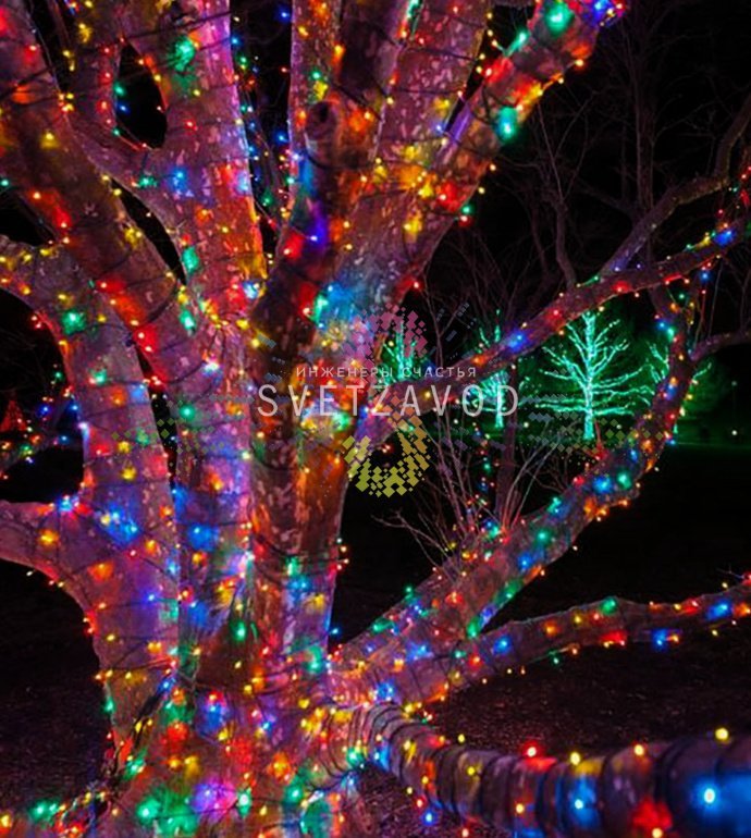 Детальное фото светодиодной гирлянды Клип Лайт 12В, фиксинг, мульти, 666 LED, 100м, темно-зеленый ПВХ, с защитными колпачками на диодах, степень защиты IP64