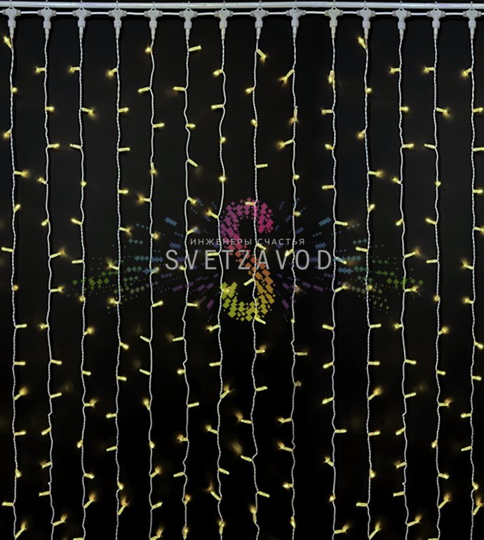 Детальное фото светодиодного дождя Rich Led: белый ПВХ корпус, 20 нитей по 2 метра, 400 светодиодов, степень защиты IP65.