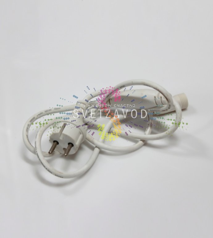 Блок питания для светодиодных гирлянд-шариков 25мм. Белый корпус, каучуковый провод, коннектор для последовательного соединения. Степень защиты IP65.