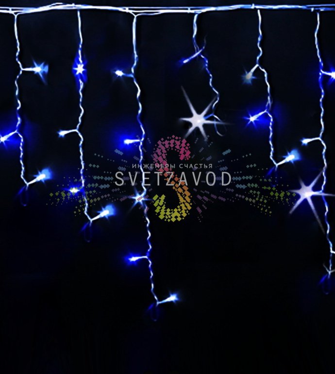Детальное фото светодиодной бахромы Айсикл Rich Led: горизонтальный кабель 3 метра с вертикальными нитями разной длины, синие и белые светодиоды, прозрачная изоляция.