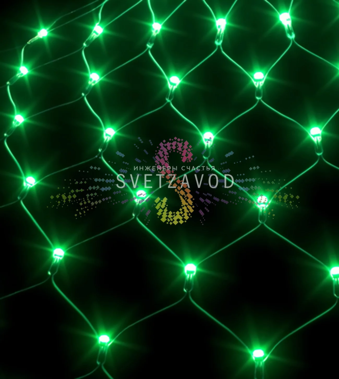 Детальное фото светодиодной сетки Rich Led с зелеными светодиодами, прозрачным ПВХ проводом и IP54 защитой, размер 2х3 метра.