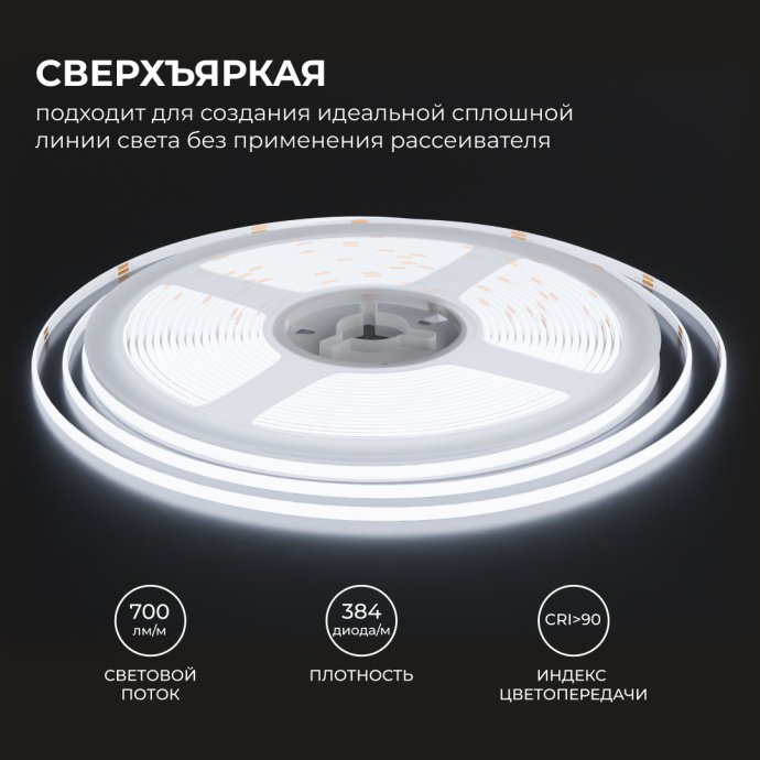 Детальное фото светодиодной COB ленты 24В 7Вт/м 384LED/м 5м холодный белый 6500K, ширина 3мм, CRI90+, 700Лм