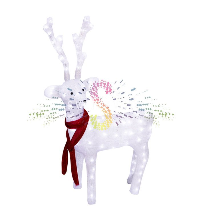 Детальное фото акриловой 3D фигуры Олень с 200 светодиодами. Видны металлический каркас, качество акрила и блок питания 31В. Фигура установлена для демонстрации.