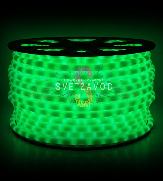 Крупный план гибкого светодиодного дюралайта Rich Led зеленого цвета в матовой молочной оболочке, демонстрирующий плотное расположение диодов.
