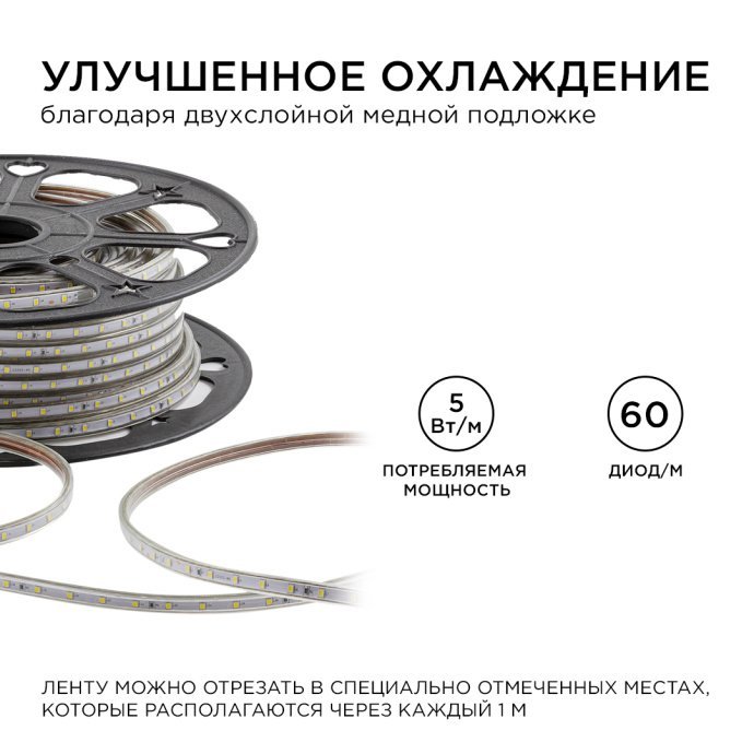 Детальное фото светодиодной ленты 220В 5Вт/м IP65: прозрачная ПВХ-оболочка, SMD 2835, теплый белый свет 3000К, 50 метров в бухте, разъем подключения