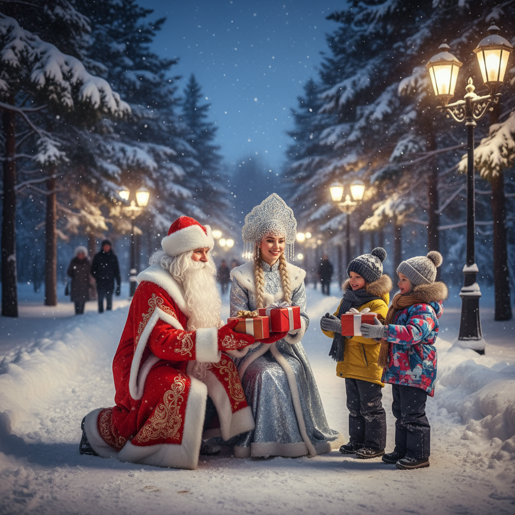 Дед Мороз и Снегурочка раздают подарки детям на улице в парке Дед Мороз и Снегурочка раздают подарки детям на улице в парке