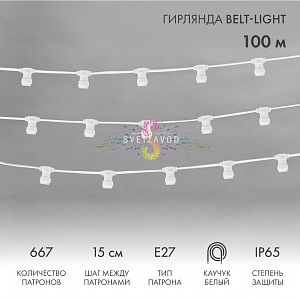 Белт лайт 2W, 220/24В, шаг 15см, E27, белый каучук, фиксинг, 100м, влагозащищенный, Neon-Night
