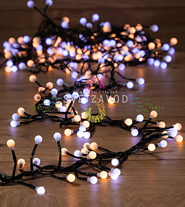 Гирлянда Мишура, 3м, 288led, 220В, черный ПВХ, белая+теплая белая, с блоком питания