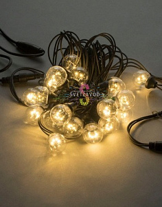 Гирлянда с лампами, теплая белая, 10 метров, 20 ламп, черный провод 