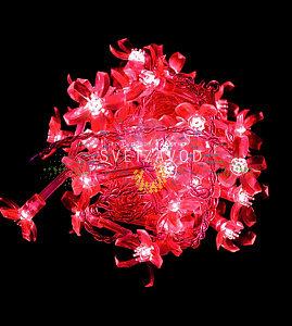Светодиодная гирлянда Цветки сакуры, 10м, 100led, 220В, прозрачный ПВХ, красная